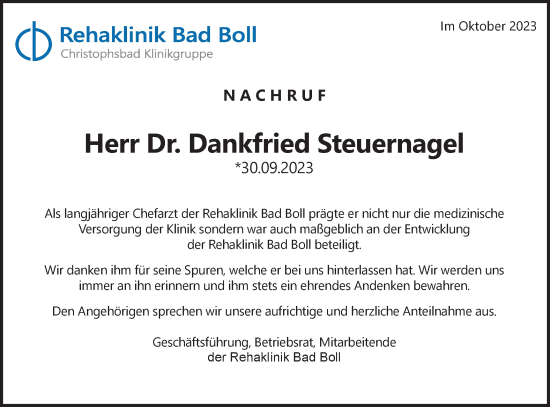 Traueranzeige von Dankfried Steuernagel von NWZ Neue Württembergische Zeitung