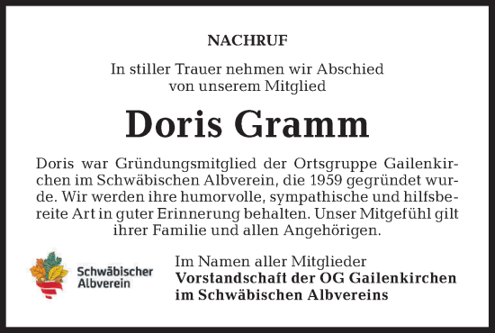 Traueranzeige von Doris Gramm von Haller Tagblatt