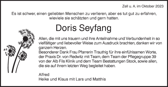 Traueranzeige von Doris Seyfang von NWZ Neue Württembergische Zeitung