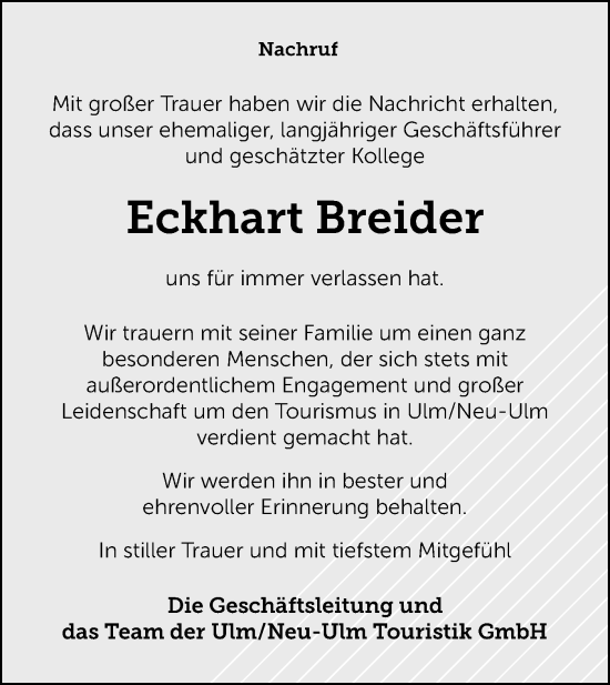 Traueranzeige von Eckhart Breider von SÜDWEST PRESSE Ausgabe Ulm/Neu-Ulm