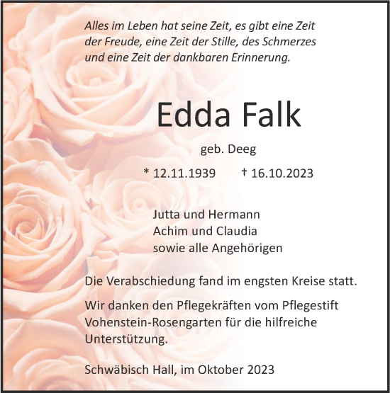 Traueranzeige von Edda Falk von Haller Tagblatt