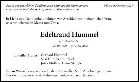 Traueranzeige von Edeltraud Hummel von NWZ Neue Württembergische Zeitung