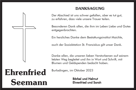 Traueranzeige von Ehrenfried Seemann von Hohenzollerische Zeitung