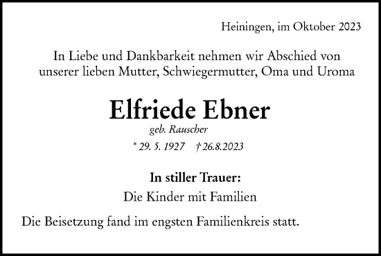 Traueranzeige von Elfriede Ebner von NWZ Neue Württembergische Zeitung