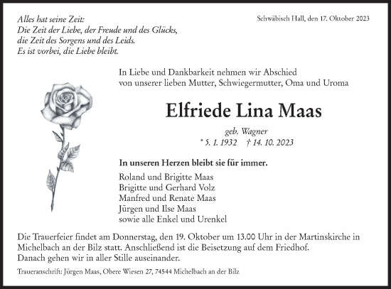 Traueranzeige von Elfriede Lina Maas von Haller Tagblatt