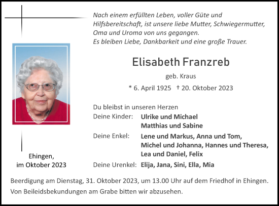 Traueranzeige von Elisabeth Franzreb von Ehinger Tagblatt