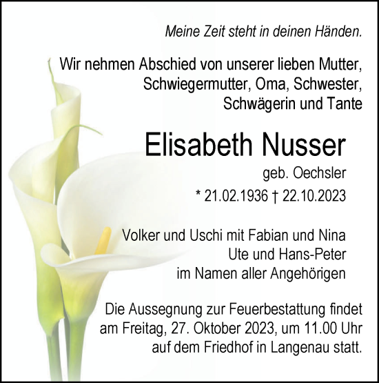 Traueranzeige von Elisabeth Nusser von SÜDWEST PRESSE Ausgabe Ulm/Neu-Ulm