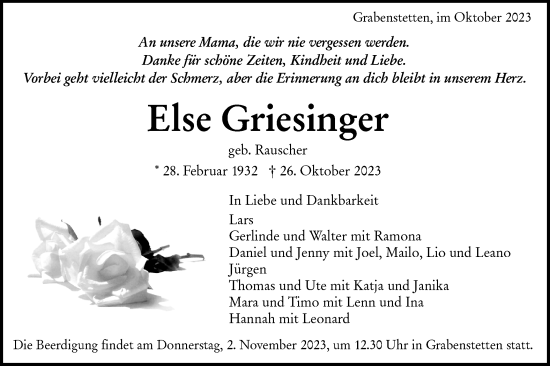 Traueranzeige von Else Griesinger von Alb-Bote/Metzinger-Uracher Volksblatt