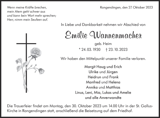 Traueranzeige von Emilie Wannenmacher von Hohenzollerische Zeitung