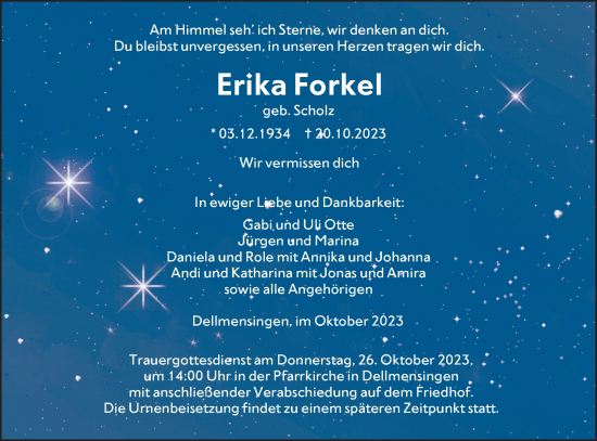 Traueranzeige von Erika Forkel von SÜDWEST PRESSE Ausgabe Ulm/Neu-Ulm