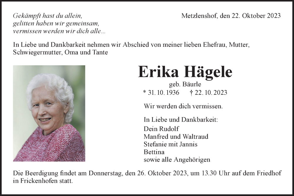  Traueranzeige für Erika Hägele vom 24.10.2023 aus Rundschau Gaildorf