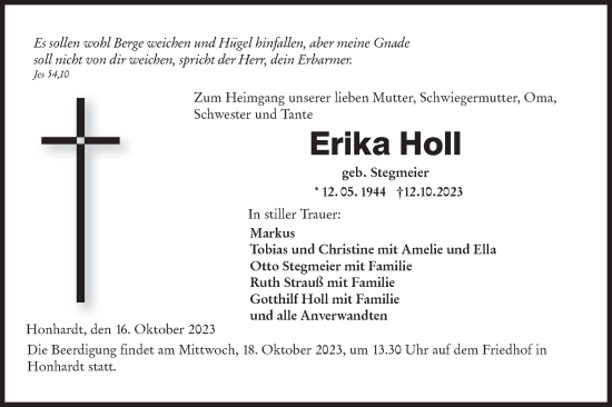 Traueranzeige von Erika Holl von Hohenloher Tagblatt