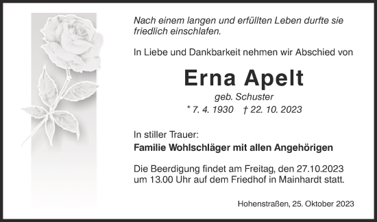 Traueranzeige von Erna Apelt von Haller Tagblatt