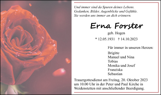 Traueranzeige von Erna Forster von SÜDWEST PRESSE Ausgabe Ulm/Neu-Ulm