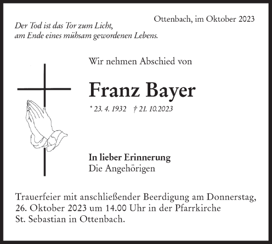 Traueranzeige von Franz Bayer von NWZ Neue Württembergische Zeitung