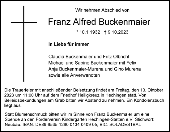 Traueranzeige von Franz Alfred Buckenmaier von Hohenzollerische Zeitung