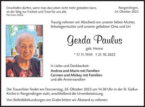 Traueranzeige von Gerda Paulus von Hohenzollerische Zeitung