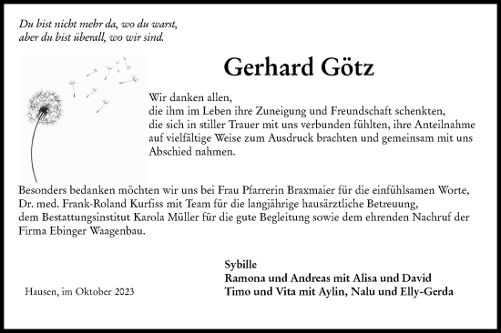 Traueranzeige von Gerhard Götz von Rundschau Gaildorf