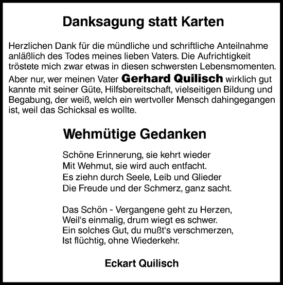 Traueranzeige von Gerhard Quilisch von NWZ Neue Württembergische Zeitung