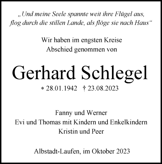 Traueranzeige von Gerhard Schlegel von Hohenzollerische Zeitung