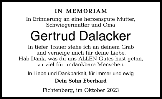 Traueranzeige von Gertrud Dalacker von Rundschau Gaildorf