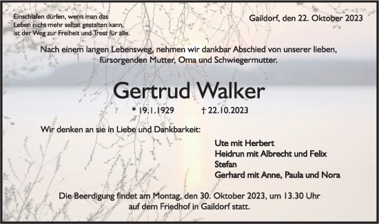 Traueranzeige von Gertrud Walker von Rundschau Gaildorf