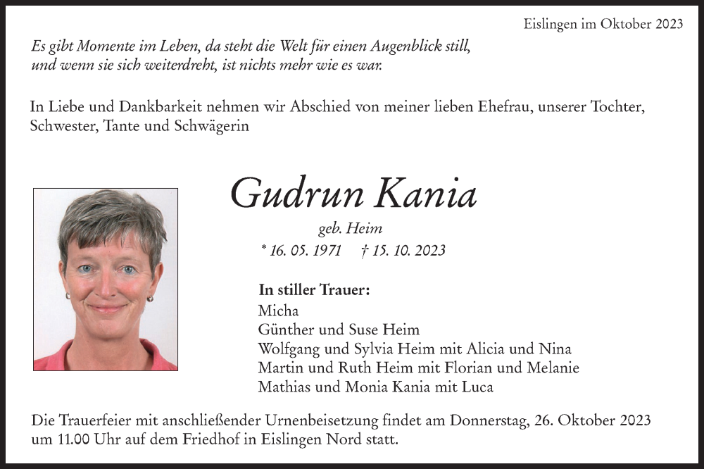  Traueranzeige für Gudrun Kania vom 20.10.2023 aus NWZ Neue Württembergische Zeitung