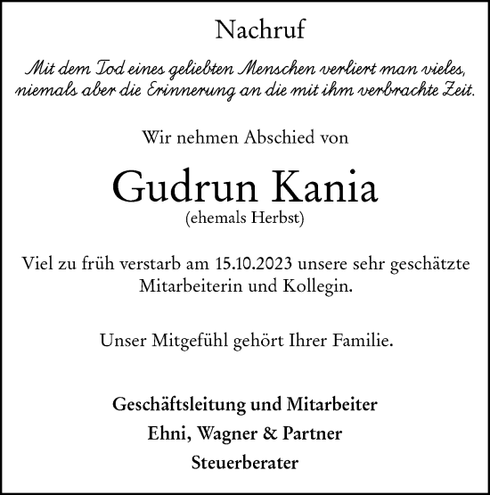 Traueranzeige von Gudrun Kania von NWZ Neue Württembergische Zeitung