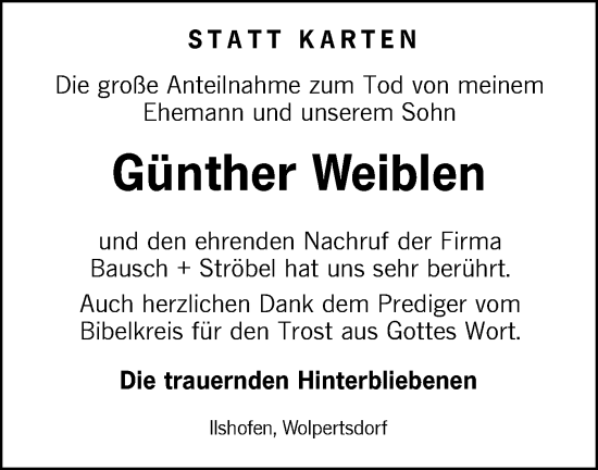 Traueranzeige von Günther Weiblen von Haller Tagblatt