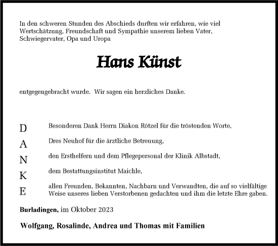 Traueranzeige von Hans Künst von Hohenzollerische Zeitung