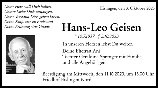 Traueranzeige von Hans-Leo Geisen von NWZ Neue Württembergische Zeitung