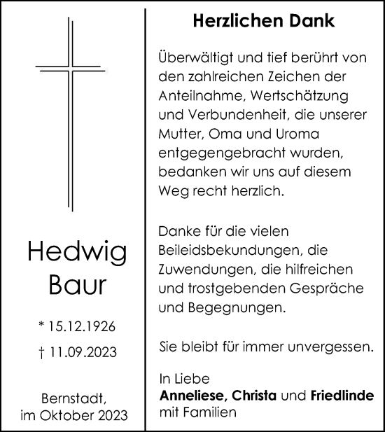 Traueranzeige von Hedwig Baur von SÜDWEST PRESSE Ausgabe Ulm/Neu-Ulm