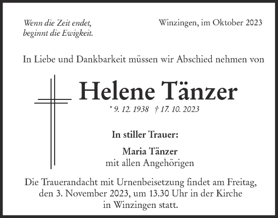 Traueranzeige von Helene Tänzer von NWZ Neue Württembergische Zeitung