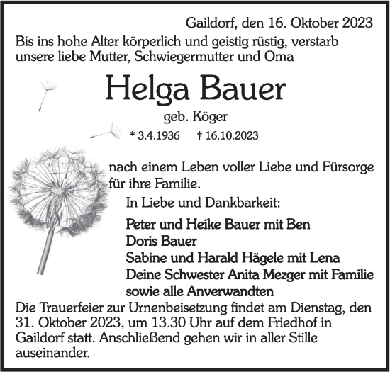 Traueranzeige von Helga Bauer von Rundschau Gaildorf