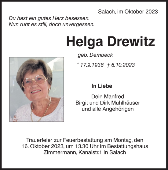 Traueranzeige von Helga Drewitz von NWZ Neue Württembergische Zeitung