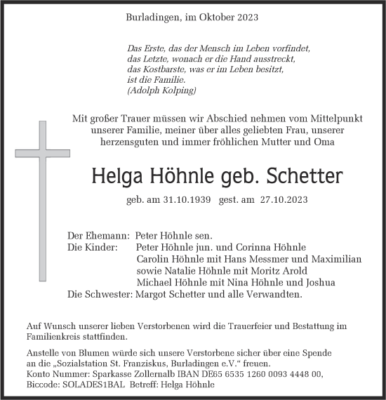 Traueranzeige von Helga Höhnle von Hohenzollerische Zeitung