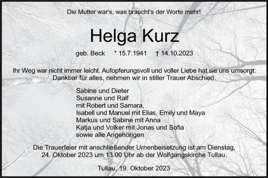 Traueranzeige von Helga Kurz von Haller Tagblatt