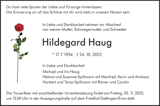 Traueranzeige von Hildegard Haug von SÜDWEST PRESSE/SÜDWEST PRESSE