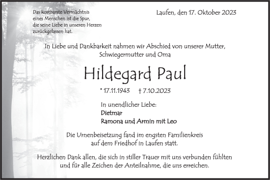 Traueranzeige von Hildegard Paul von Rundschau Gaildorf