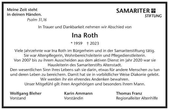 Traueranzeige von Ina Roth von Geislinger Zeitung