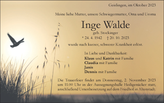 Traueranzeige von Inge Walde von Geislinger Zeitung