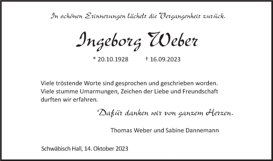 Traueranzeige von Ingeborg Weber von Haller Tagblatt