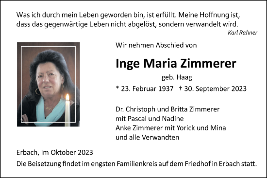 Traueranzeige von Inge Maria Zimmerer von SÜDWEST PRESSE Ausgabe Ulm/Neu-Ulm