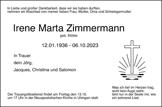 Traueranzeige von Irene Marta Zimmermann von NWZ Neue Württembergische Zeitung