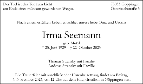 Traueranzeige von Irma Seemann von NWZ Neue Württembergische Zeitung