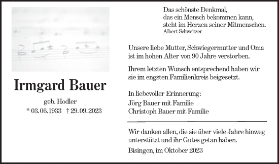 Traueranzeige von Irmgard Bauer von Hohenzollerische Zeitung