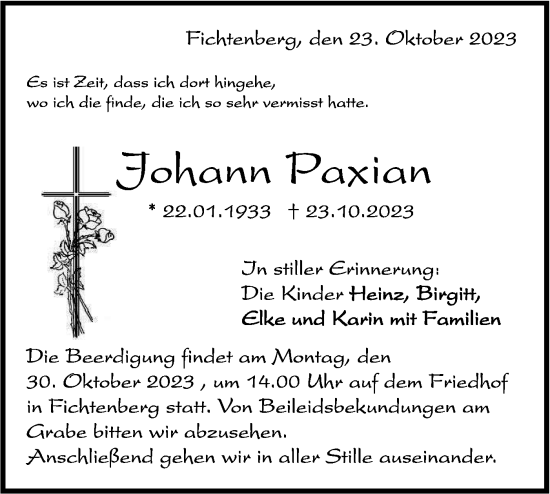 Traueranzeige von Johann Paxian von Rundschau Gaildorf