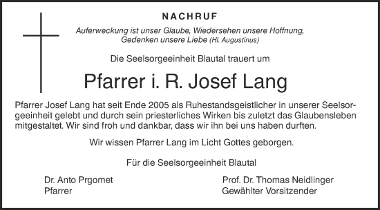 Traueranzeige von Josef Lang von SÜDWEST PRESSE Ausgabe Ulm/Neu-Ulm