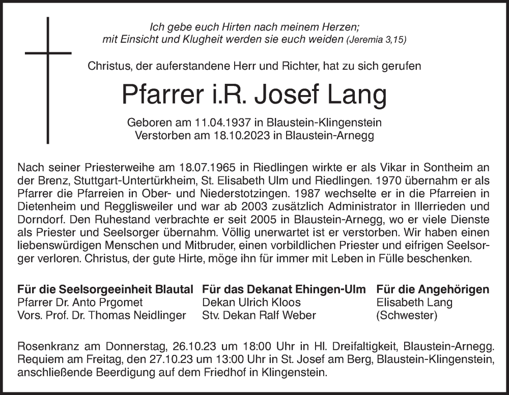  Traueranzeige für Josef Lang vom 24.10.2023 aus SÜDWEST PRESSE Ausgabe Ulm/Neu-Ulm