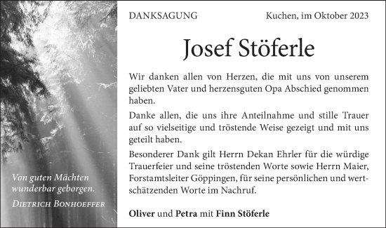 Traueranzeige von Josef Stöferle von Geislinger Zeitung